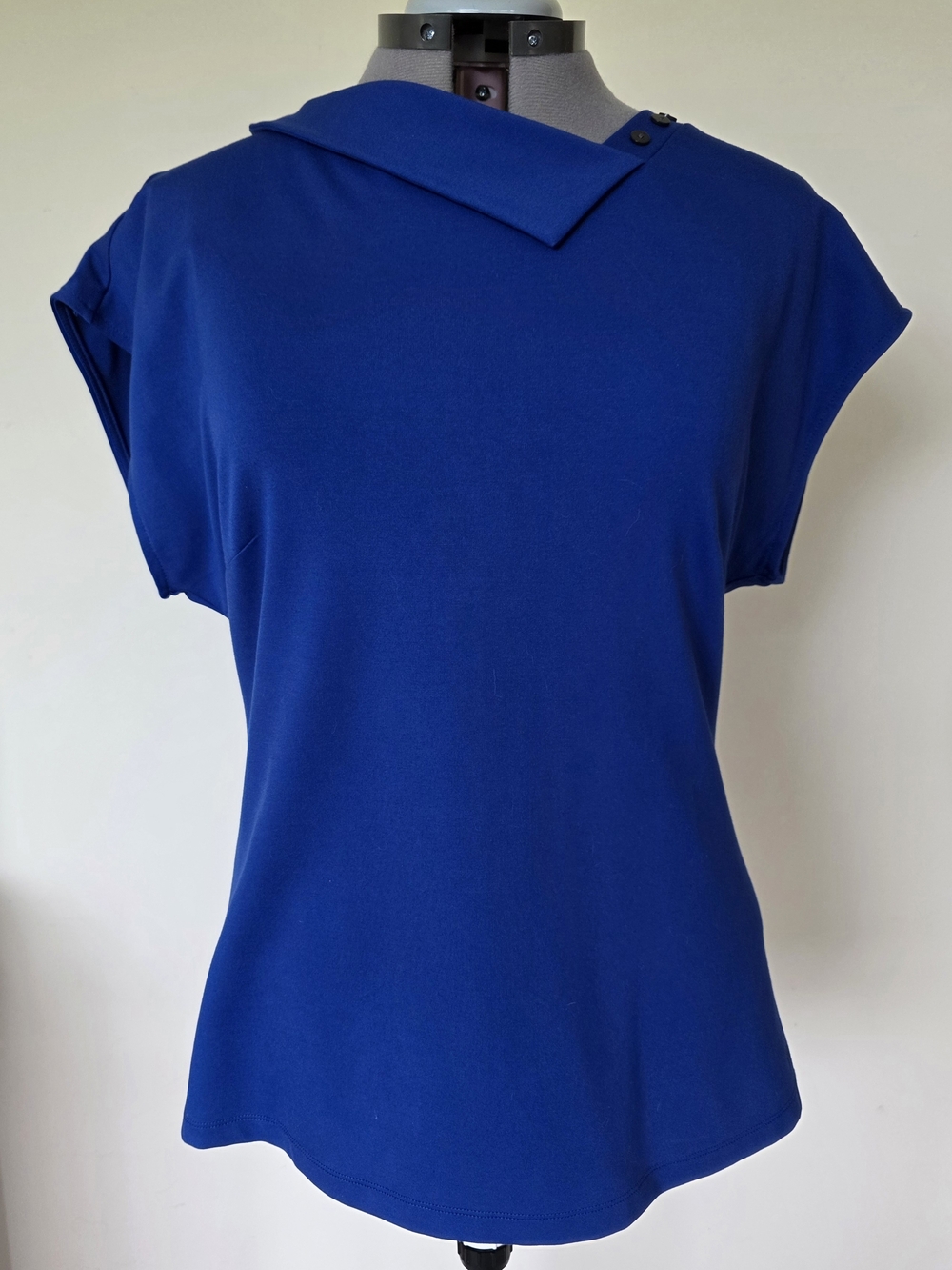 Betabrand Royal Blue Short-Sleeve Top with Asymmetrical Fold Collar XL